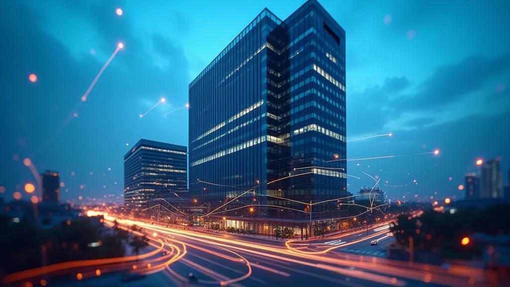 Akatsuki Media Solutions office building with abstract communication lines